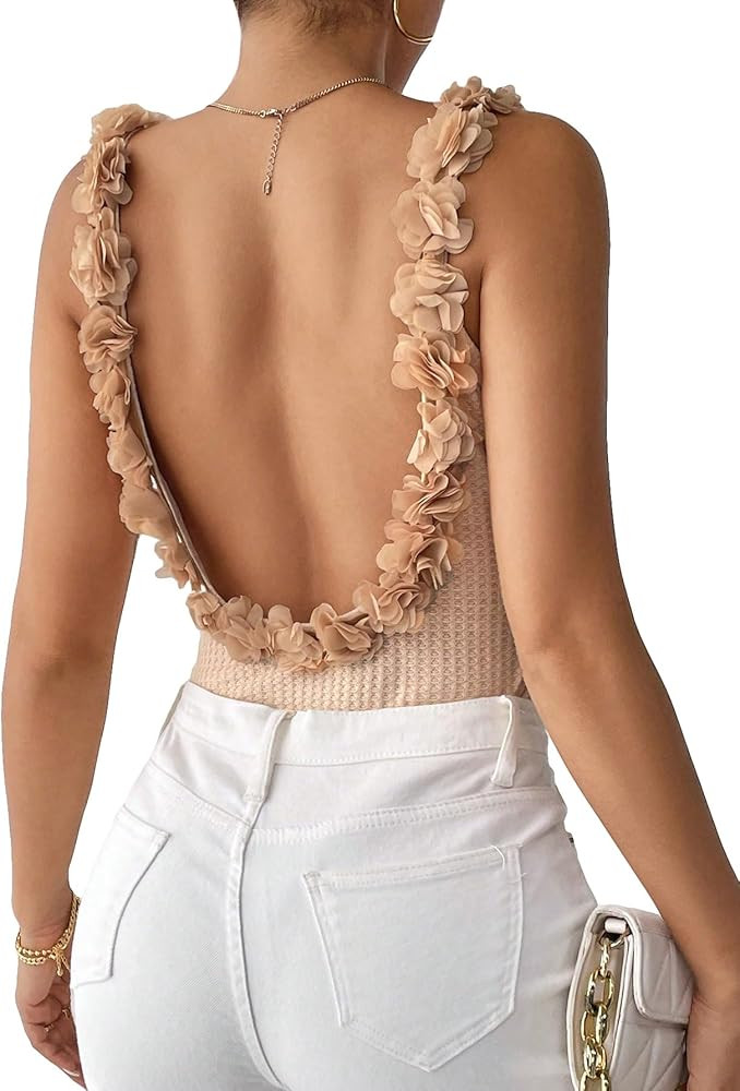 COZYEASE Women's Appliques Back Frill Shirred Cami Bodysuit Trendy Sleeveless Backless Slim Fit B... | Amazon (US)