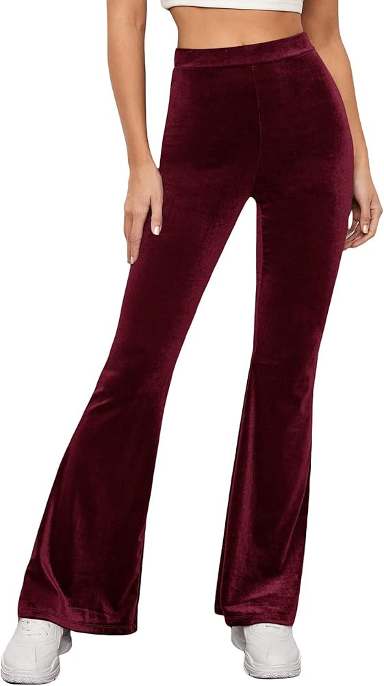 Floerns Women's Velvet Flare Leg High Waist Casual Bell Bottom Long Pants | Amazon (US)