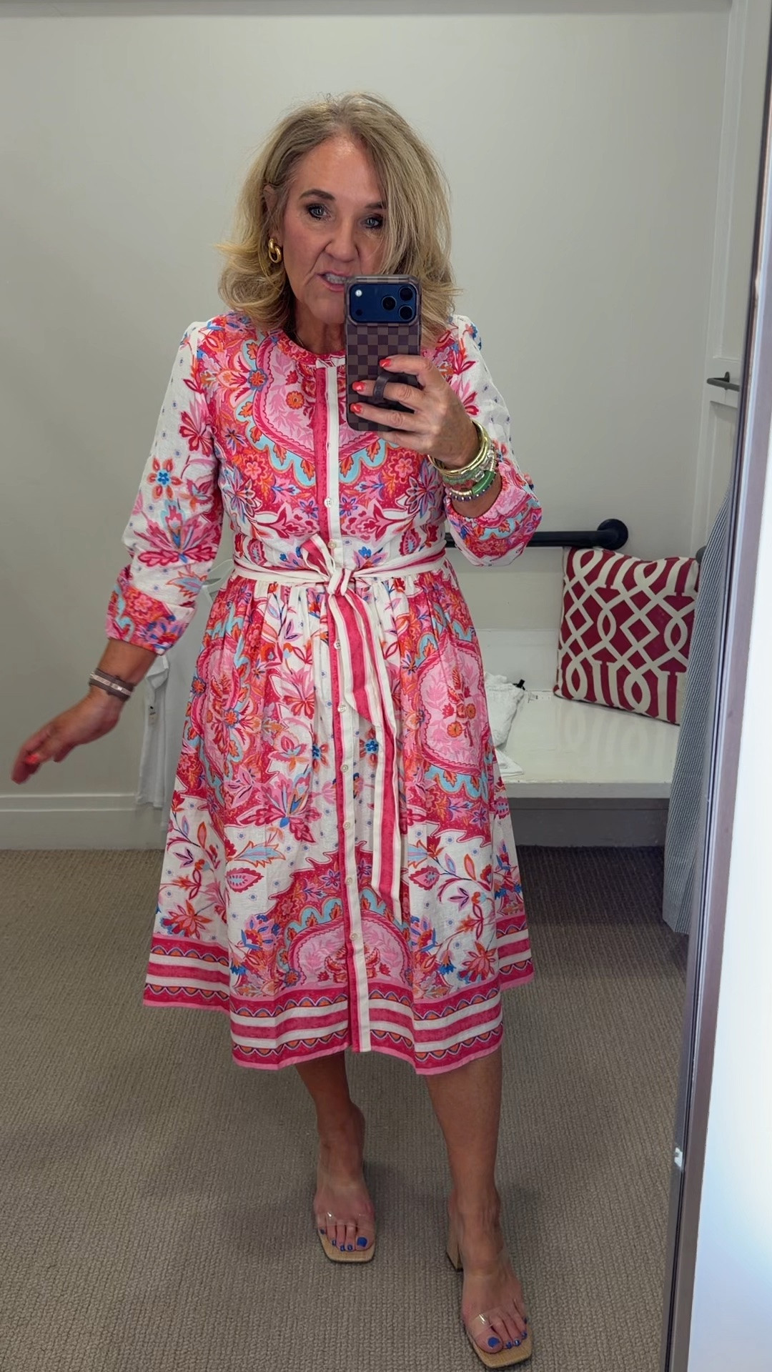 $99 dresses today at Talbots! 
Pink linen blend size up 
Navy cotton voile true to size 
Black gingham dress size up if in between