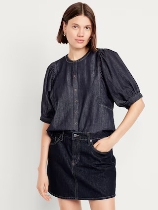 Puff-Sleeve Button-Down Cropped Denim Shirt | Old Navy (US)