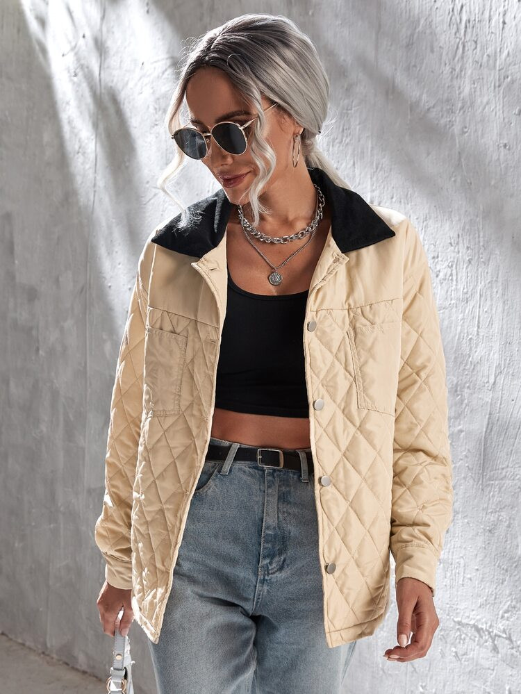 Contrast Panel Drop Shoulder Double Pocket Argyle Quilted Coat | SHEIN