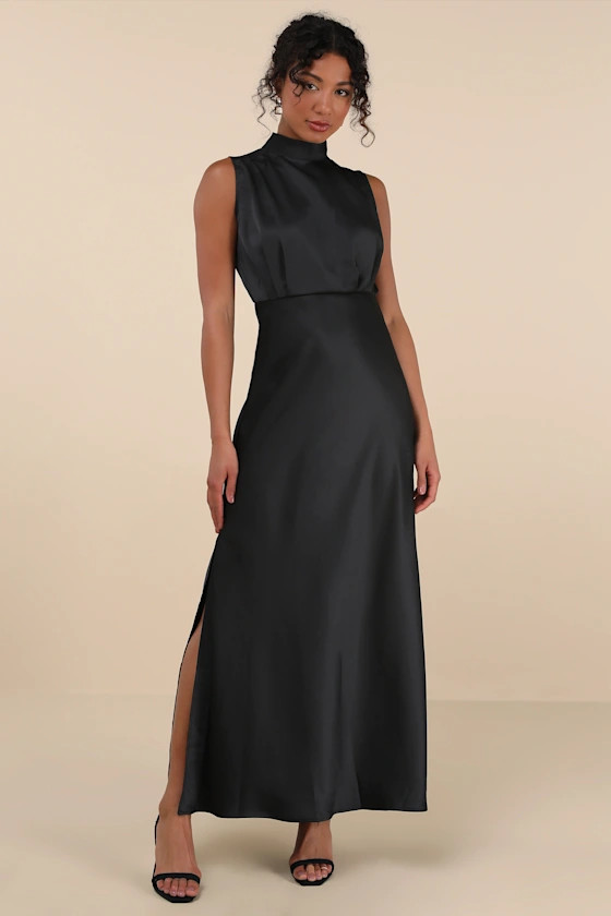 Classic Elegance Black Satin Sleeveless Mock Neck Maxi Dress | Lulus