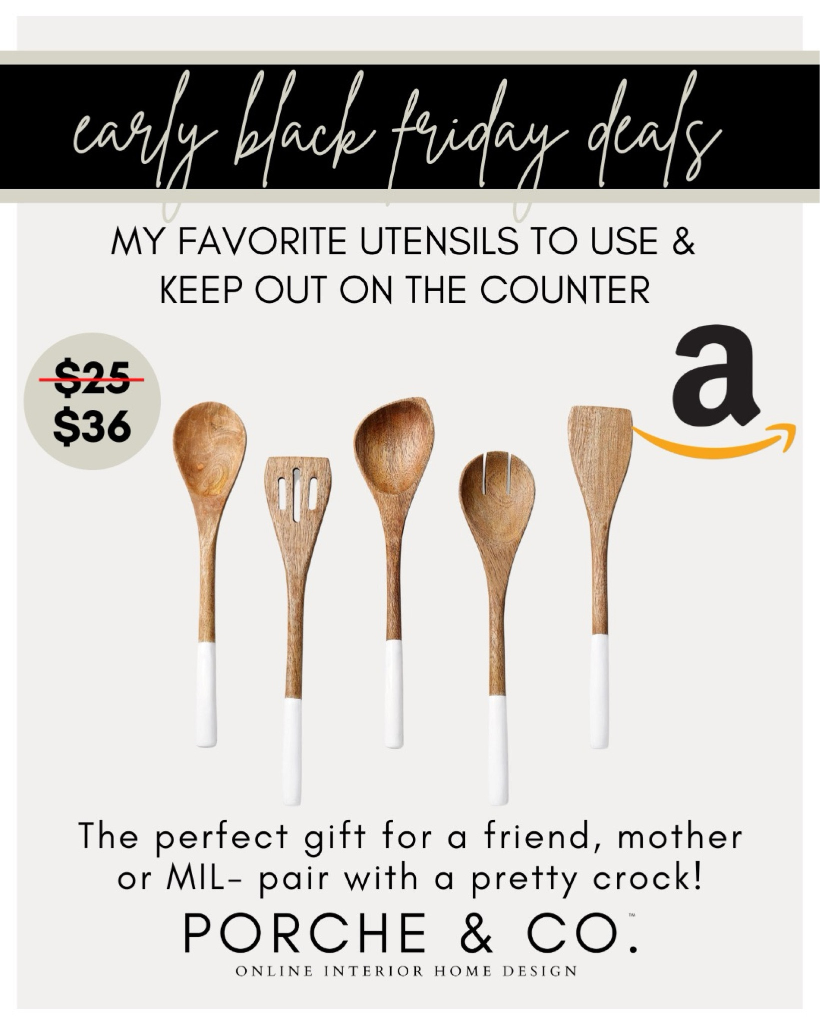 Wooden kitchen utensils with dipped handle on sale from Amazon- these would make the perfect gift paired with a pretty dish towel or crock for the kitchen 🤍 #amazon #blackfriday #kitchenn

#LTKCyberWeek #LTKhome #LTKGiftGuide