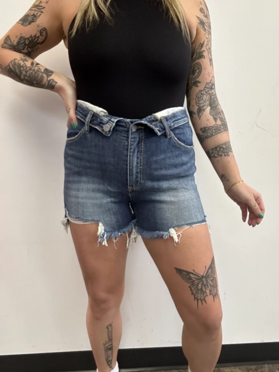 Fold Over Distressed Shorts- Medium Wash | Willow Boutique