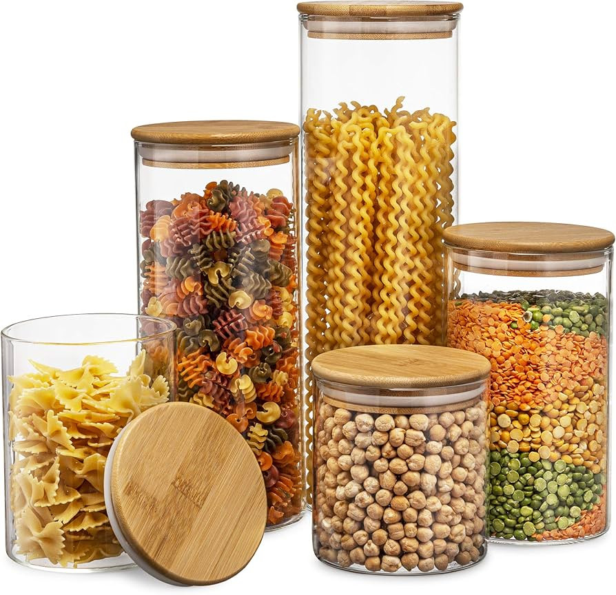 Amazon.com: Set of 5 Glass Kitchen Canisters with Airtight Bamboo Lid - Glass Storage Jars for Pa... | Amazon (US)