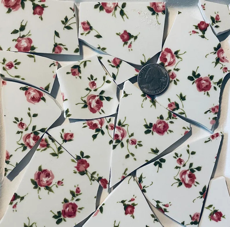 Broken China Mosaic Art and Craft Supply Bright Pink Roses on White China Tiles E622 - Etsy | Etsy (Global)