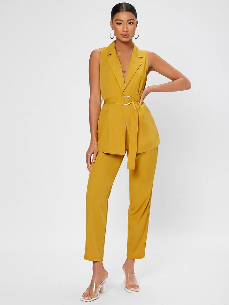 SHEIN Tall Lapel Neck Sleeveless Belted Coat & Pants | SHEIN