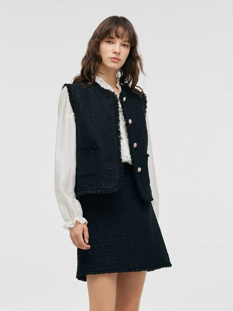 Tweed Women Vest And A-Line Skirt Two-Piece Set | GOELIA