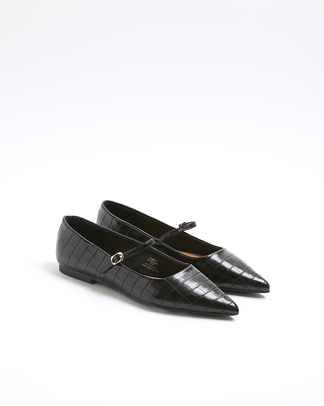 Black croc embossed pointed ballet pumps | River Island (UK & IE)