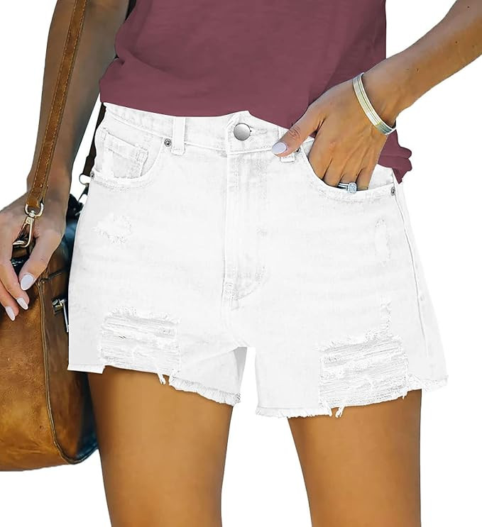MINGALONDON Women's Denim Shorts Summer Mid Waist Ripped Raw Cut Hem Distressed Stretchy Jean Sho... | Amazon (US)