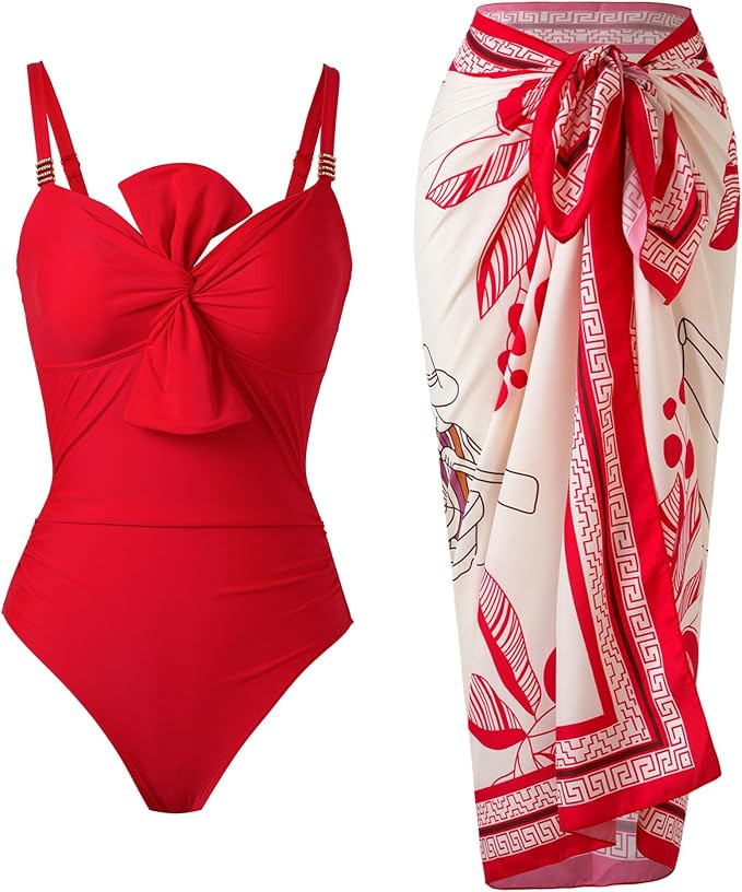 One Piece Swimsuit for Women with Cover Up Set Retro Bathing Suit Tummy Control Knot Swimwear Bea... | Amazon (US)
