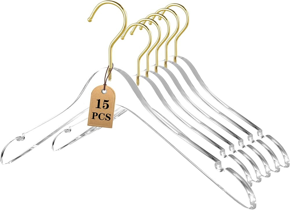 BESSER 15Pack Acrylic Hangers with Gold,Acrylic Clear Hangers,Premium Crystal Dress Hangers Swive... | Amazon (US)