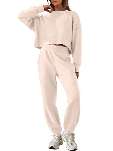 ANRABESS Womens 2 Piece Outfits Lounge Sets Cropped Sweatshirt Joggers Fashion Sweatsuit Sweat Set 2025 Winter Travel Outfits Apricot Large | Amazon (US)