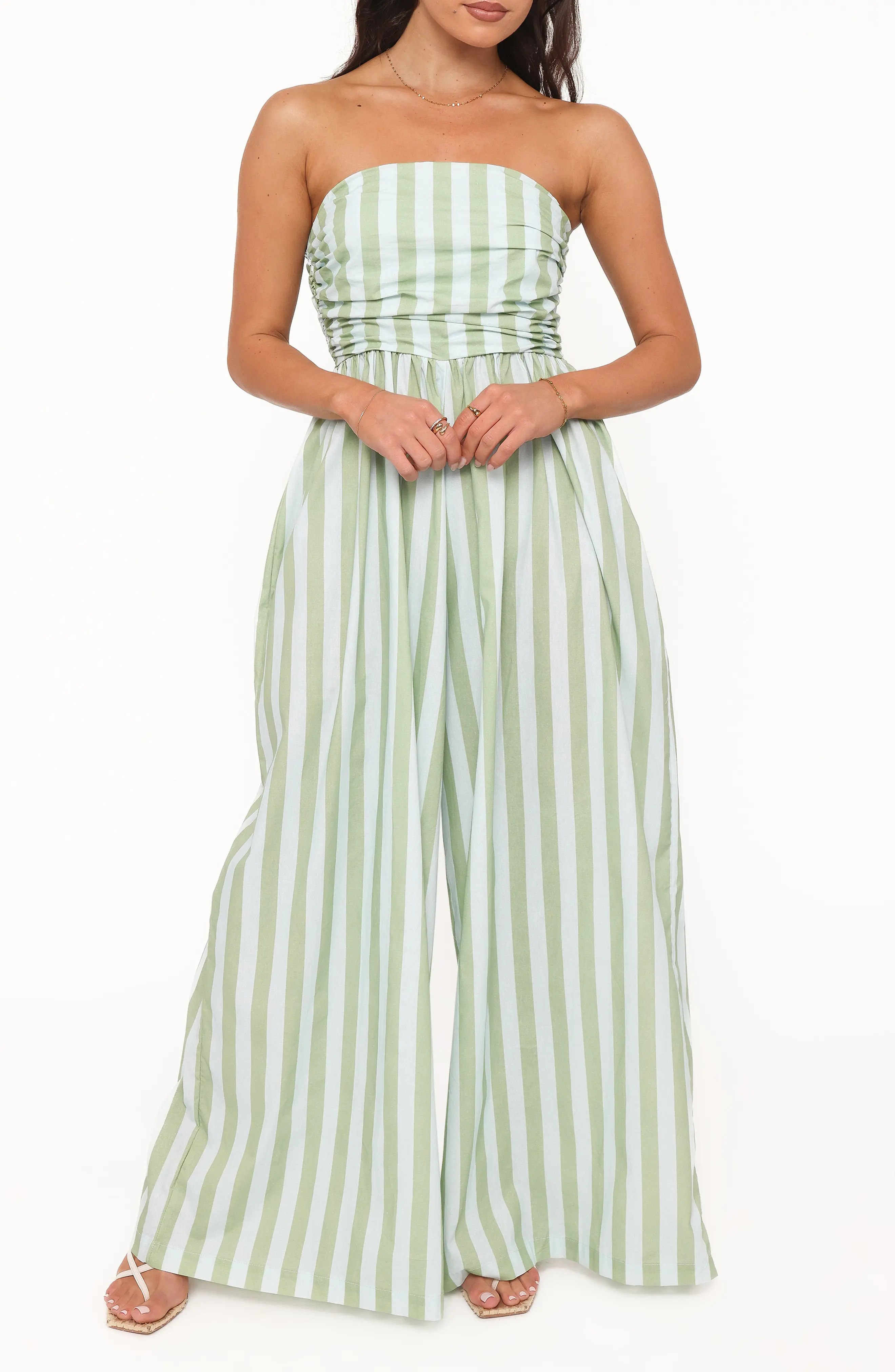 Petal & Pup Paige Stripe Strapless Jumpsuit in Blue/green Stripe at Nordstrom, Size X-Small | Nordstrom