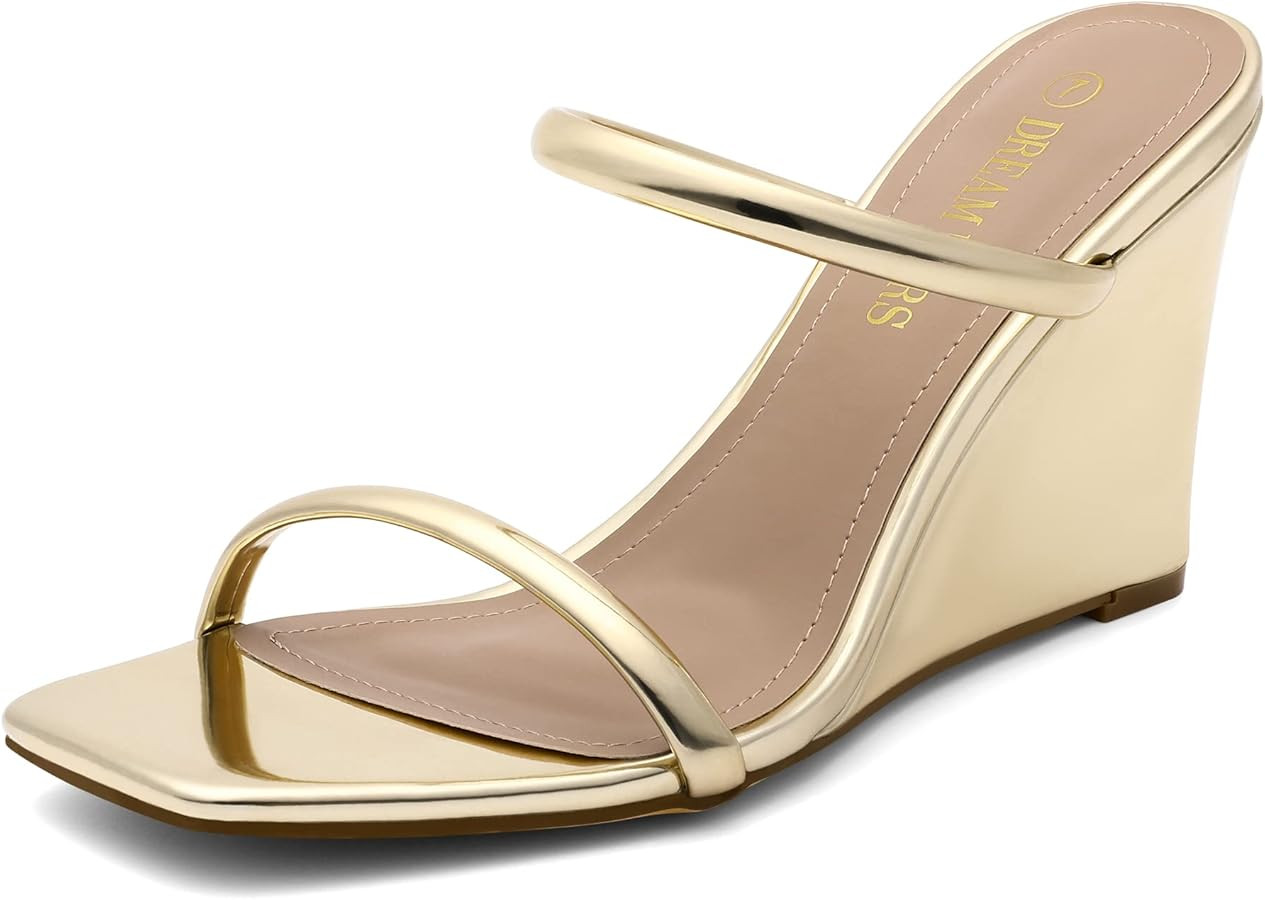 DREAM PAIRS Women's Slides Wedge Sandals Two Strap Square Open Toe Dress Shoes | Amazon (US)