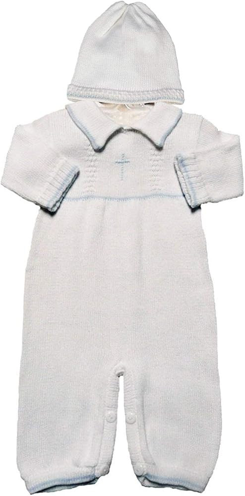 Boy's White Cotton Knit Christening Baptism Longall w/White, Blue, or Gold Cross and Hat | Amazon (US)