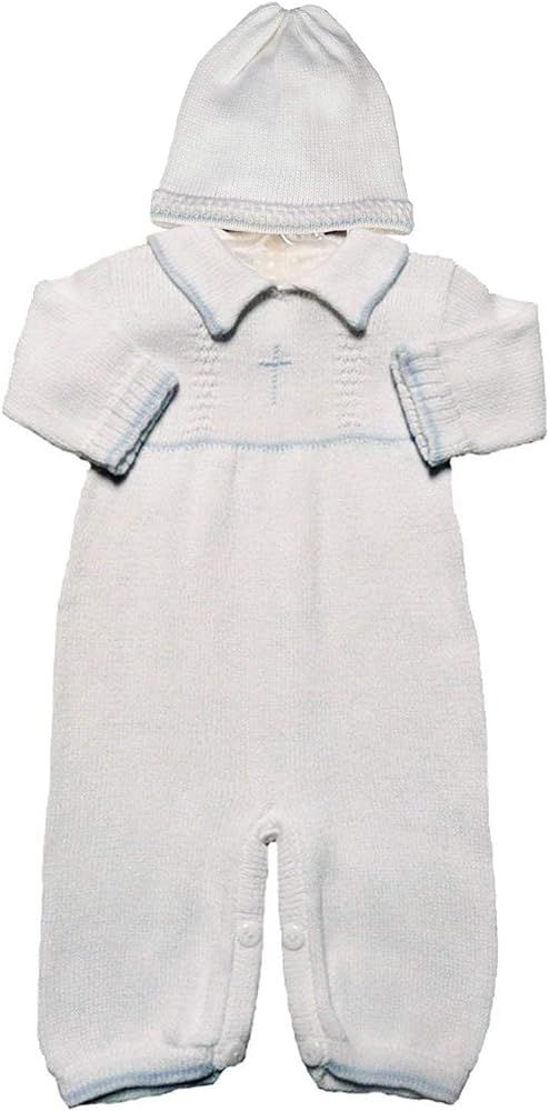 Boy's White Cotton Knit Christening Baptism Longall w/White, Blue, or Gold Cross and Hat | Amazon (US)