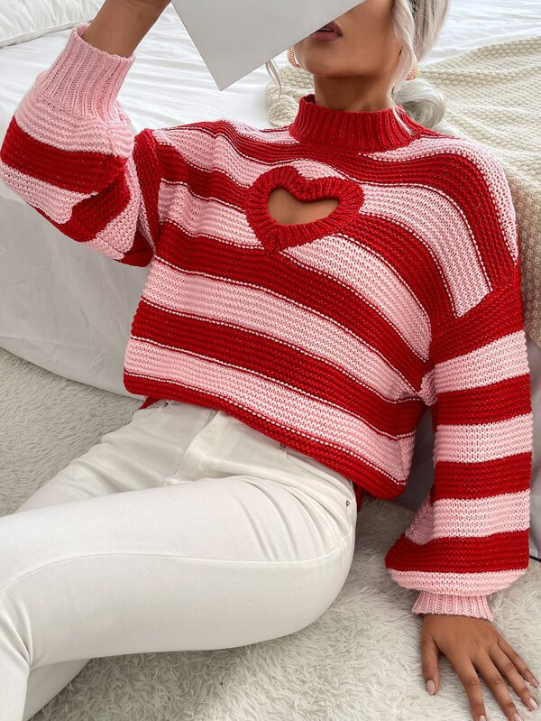 HomeWomen ClothingWomen KnitwearWomen SweatersStriped Cut Out Mock Neck Drop Shoulder Sweater | SHEIN