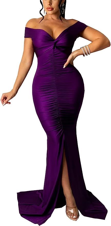 Women's Sexy Off Shoulder Dress V Neck High Split Long Formal Party Maxi Floor Dresses Evening Go... | Amazon (US)
