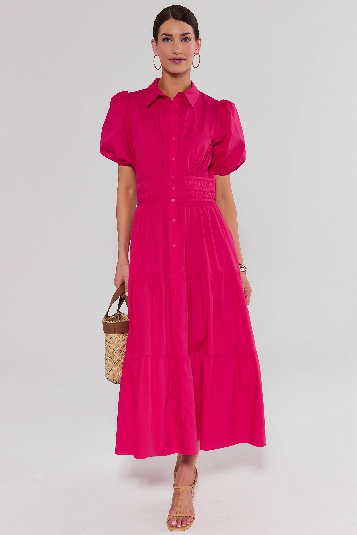Pink Tiered Button Up Midi Dress | Avara