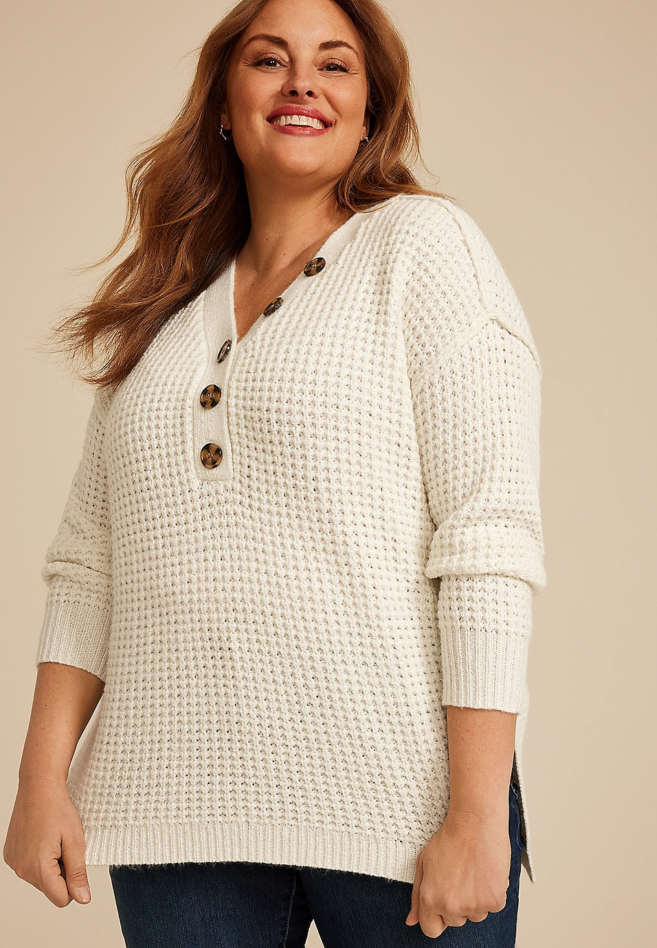 Plus Size Oversized Waffle Henley Sweater | Maurices