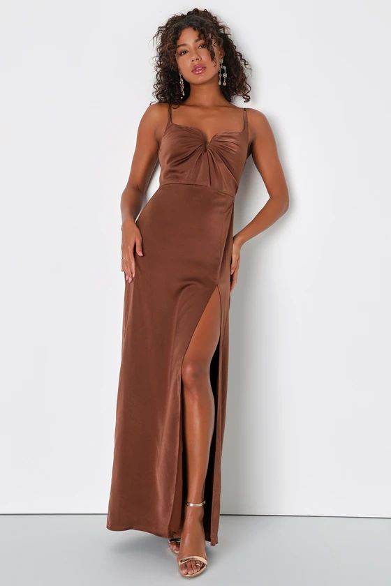 Lovely Drama Brown Satin Sleeveless A-Line Maxi Dress | Lulus (US)