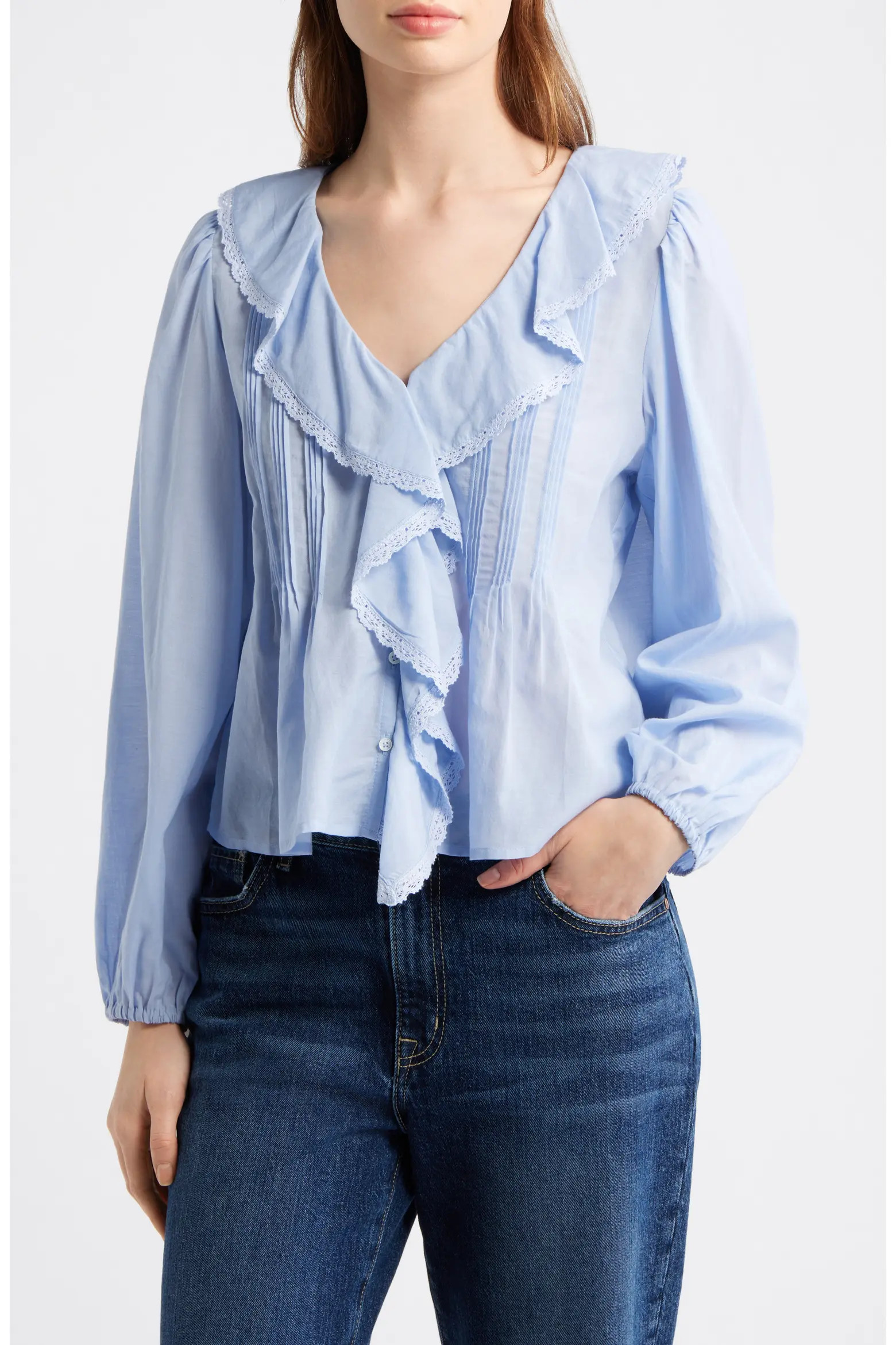 Lace Insert Ruffled Pintuck Long Sleeve Top (Women) | Nordstrom | Nordstrom