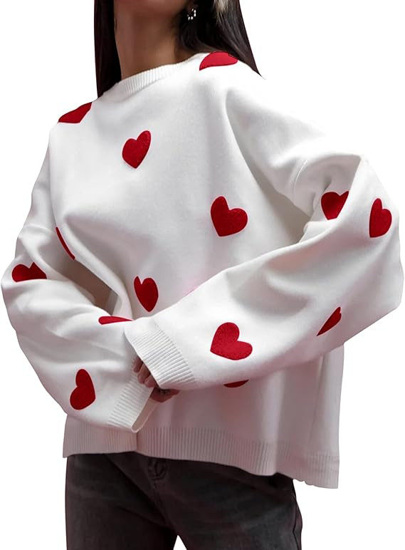 Women Oversized Heart Embroidery Crew Neck Knit Sweaters Cute Chunky Long Sleeve Heart Knit Pullo... | Amazon (US)