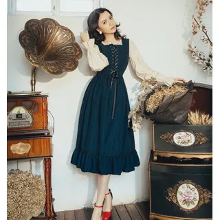 Cedar Smile - Long-Sleeve Lace-Up Midi A-Line Dress | YesStyle Global