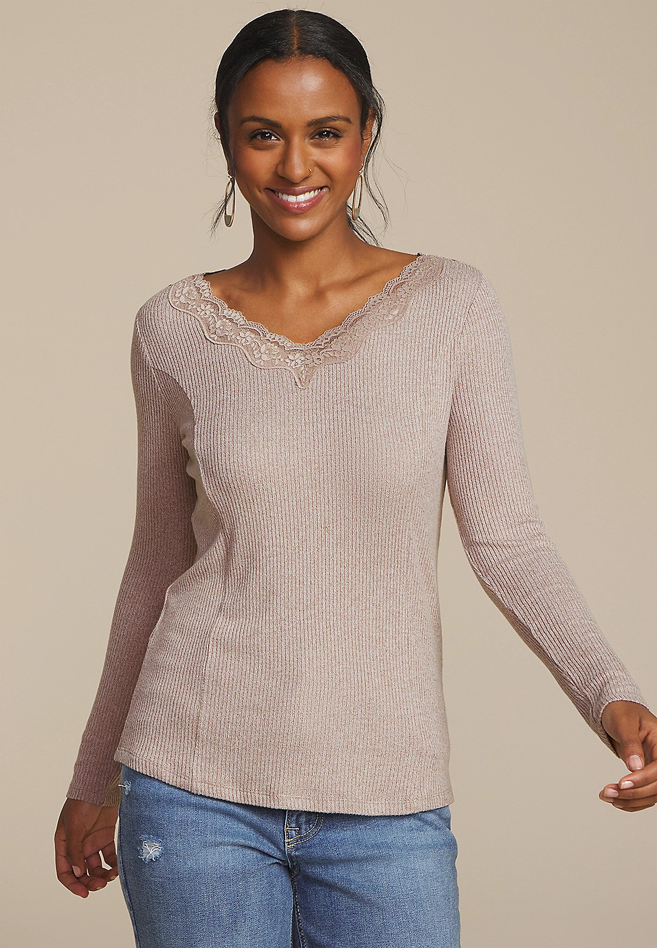Cozy Lace Trim V Neck Top | Maurices