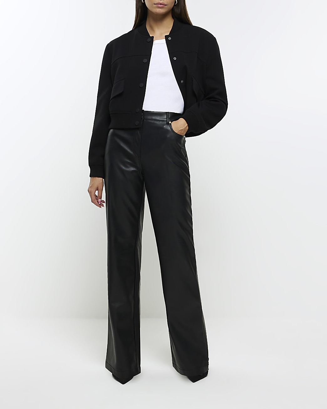 Black faux leather relaxed straight trousers | River Island (UK & IE)