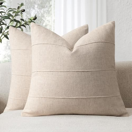 Decorative Linen Throw Pillow Covers 18x18 Set of 2 Solid handcrafted Striped Cushion Covers for ... | Amazon (US)