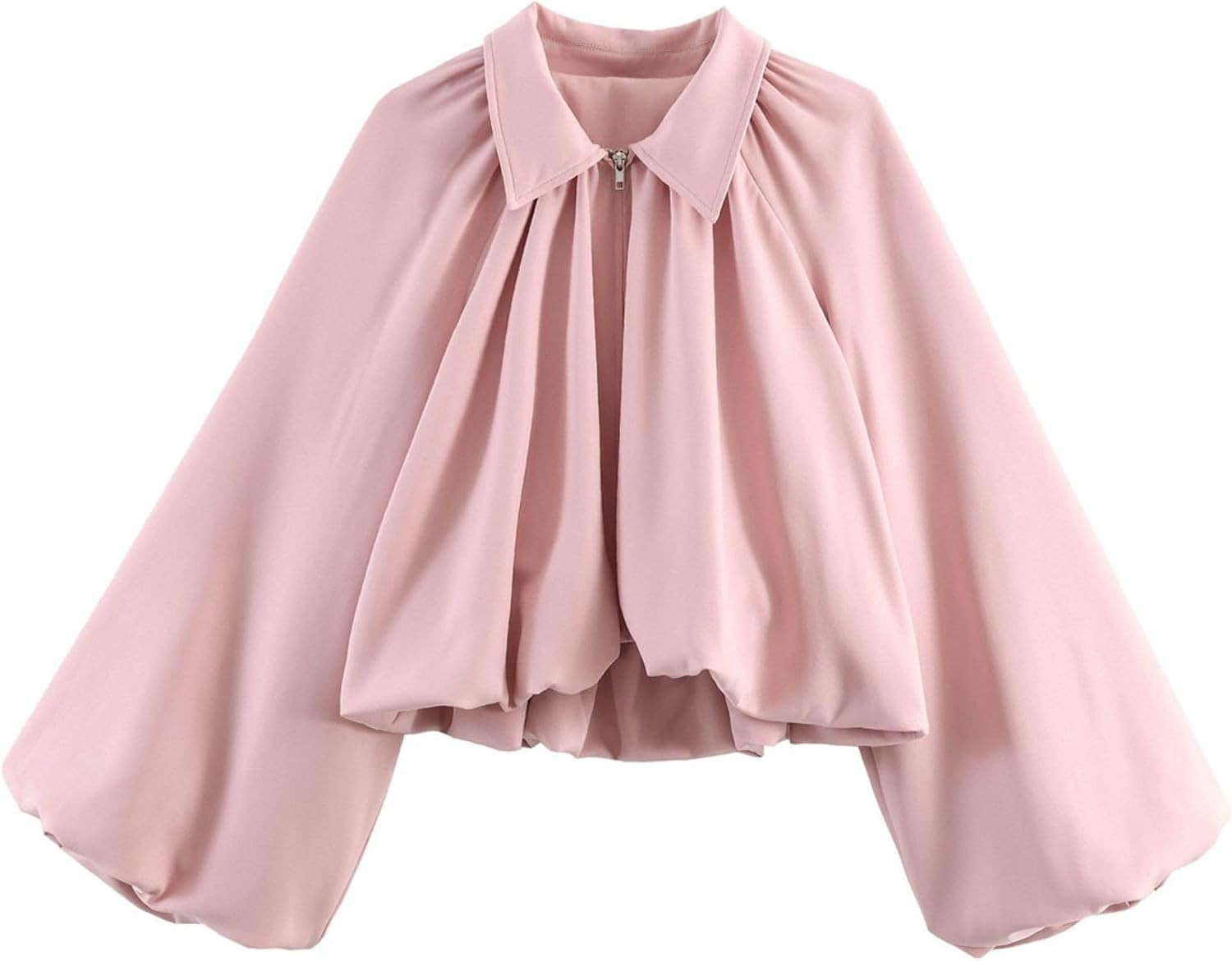 Chevara Women’s Puffed Sleeve Bomber Jacket Trendy Lapel Collar Zip Up Cropped Loose Fit Spring Fall Pleated Shirt | Amazon (US)