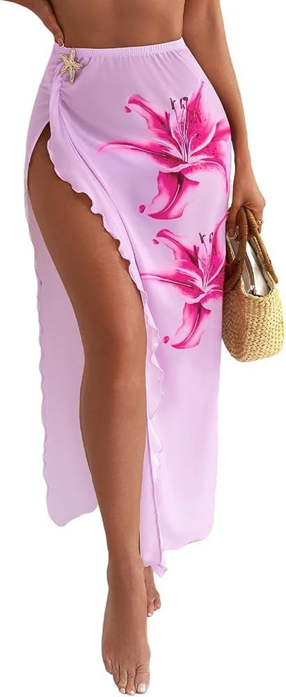 Herseas Women's Sheer High Slit Swimsuit Coverup Metallic Starfish Decor Ruffled Beach Cover Up | Amazon (US)