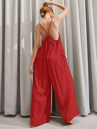 Solid Patched Patched Wide Leg Cami Jumpsuit | SHEIN
