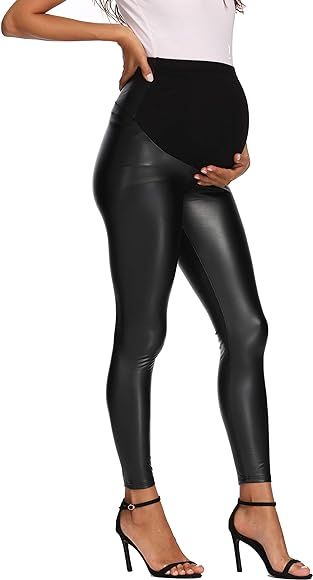 V VOCNI Womens Faux Leather Maternity Leggings Pants Stretchy Over-Belly Pregnancy Tights | Amazon (US)