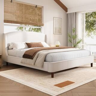 Core Beige Upholstered Wood Frame King Size Platform Bed with Wingback Headboard | The Home Depot