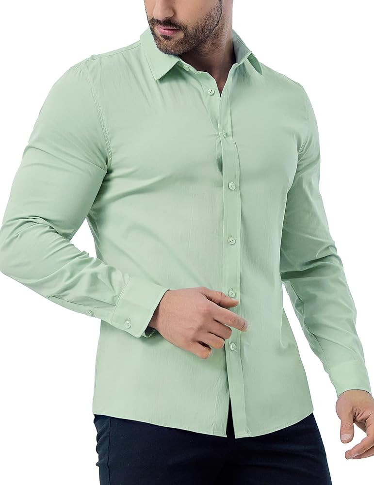 ZAFUL Men's Stretch Slim Fit Dress Shirts Solid Long Sleeve Button Down Casual Cotton Shirt | Amazon (US)