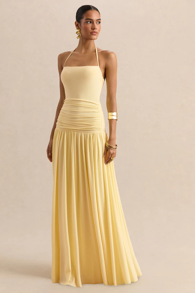 Nicolette  Lemon Square-Neck Maxi Dress With Ruched-Detailing | Club L London