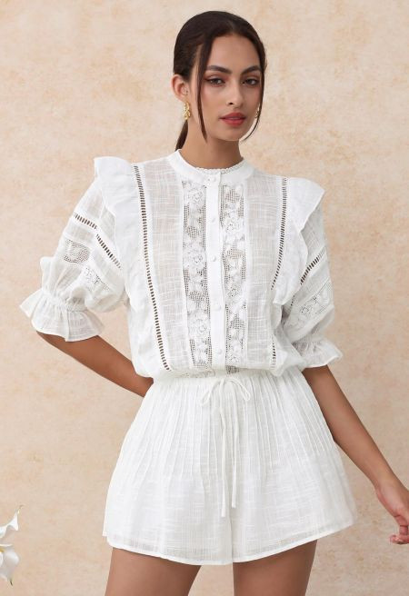 Beachy Vibes Eyelet Lace Inserted Cotton Playsuit in White | Chicwish