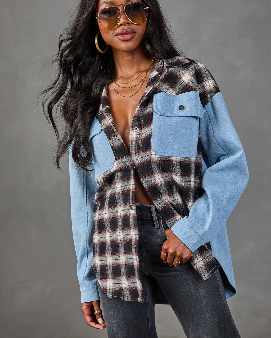 Sweet Season Plaid Denim Panel Longline Button Up Top Denim Multi / M | VICI
