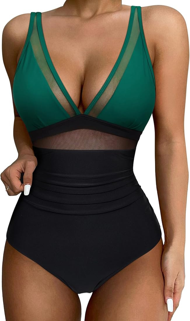 SUUKSESS Women Sexy Mesh Tummy Control Swimsuit Push Up High Waisted Bathing Suit | Amazon (US)