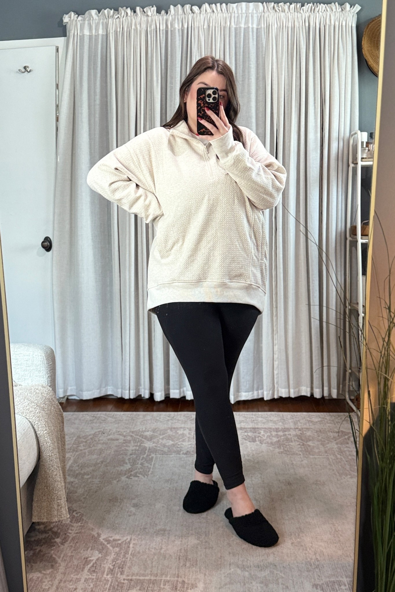 Ending the week in my favorite WFH uniform: a tunic half zip, ribbed leggings, and crew socks. The silhouette always works — oversized top + fitted bottom = effortless. Pearl earrings and the gold + pearl bracelet add just enough polish for camera-ready moments, even when I’m cozy behind my laptop.

#LTKMidsize #LTKgrwm #LTKootd