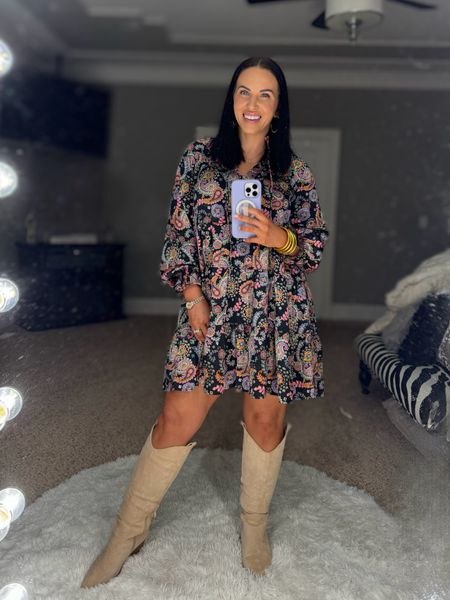 Perfect transition dress as we head into spring. Paired with my favorite boots for church but could dress it up with heels for a wedding or evening out. Wearing a small dress and size 8 boots  

#LTKover40 #LTKsalealert #LTKstyletip