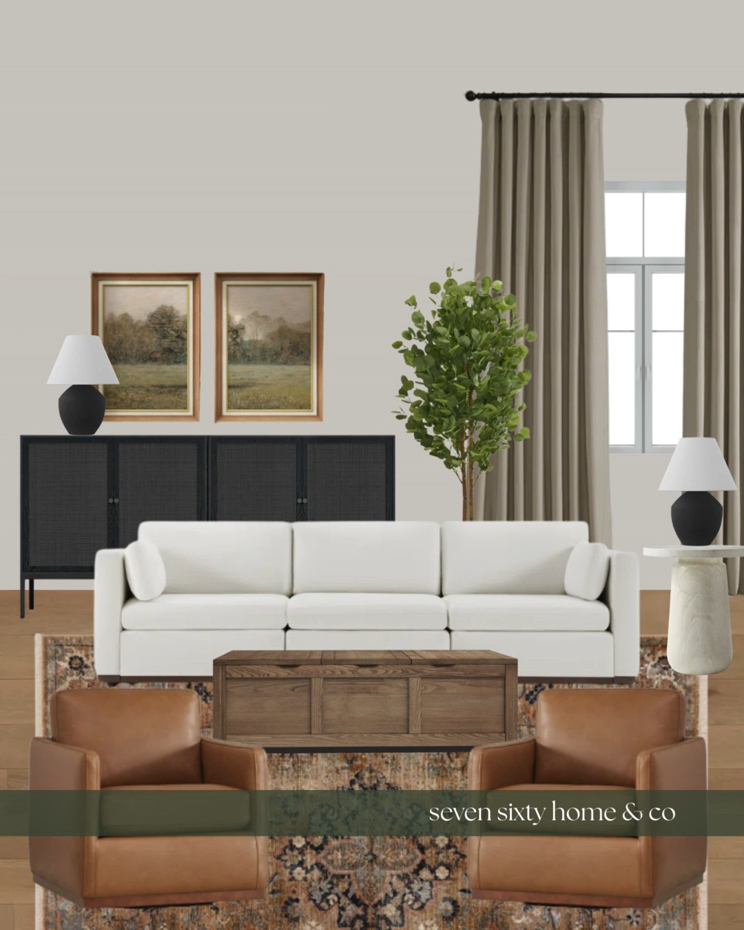 The Room Foundation — a complete living room built around warm neutrals, classic silhouettes, and timeless materials. A tailored ivory upholstered sofa anchors the space, layered over a vintage-inspired patterned area rug for softness and depth. Camel leather accent chairs add warmth and contrast, paired with a solid wood coffee table that grounds the room with natural texture.

Behind the sofa, a dark wood sideboard with woven or reeded detailing introduces subtle contrast against soft greige walls, while framed landscape artwork adds a traditional, collected feel. Neutral drapery panels frame the windows and soften the architecture, balanced with ceramic table lamps and sculptural accents for quiet visual interest.

This is a whole living room in one cart — neutral living room furniture, leather accent chairs, traditional area rugs, classic wall art, and warm wood finishes designed to feel elevated, comfortable, and lived-in from day one. 

 #LTKHome