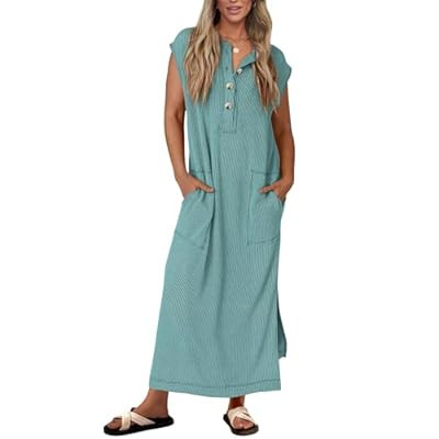 KIRUNDO Womens Summer Dresses 2026 Spring Ribbed Knit Henley Short Sleeve M… | Amazon (US)