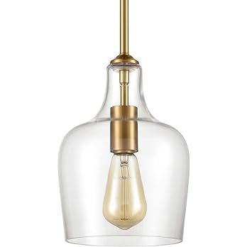 JEENKAE Modern Brass Glass Kitchen Pendant Lighting Rod-Hung Gold Pendant Light, 1-Light-1 | Amazon (US)