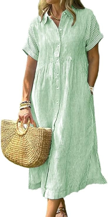 chouyatou Women's Summer Striped Midi Long Shirt Dress Casual Loose Short Sleeve Button Down Dres... | Amazon (US)