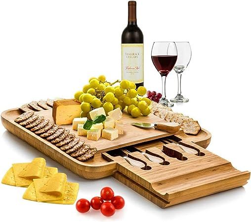 Premium Bamboo Cheese Board Set - Wooden Charcuterie Board Platter and Knife Set with Hidden Slid... | Amazon (US)