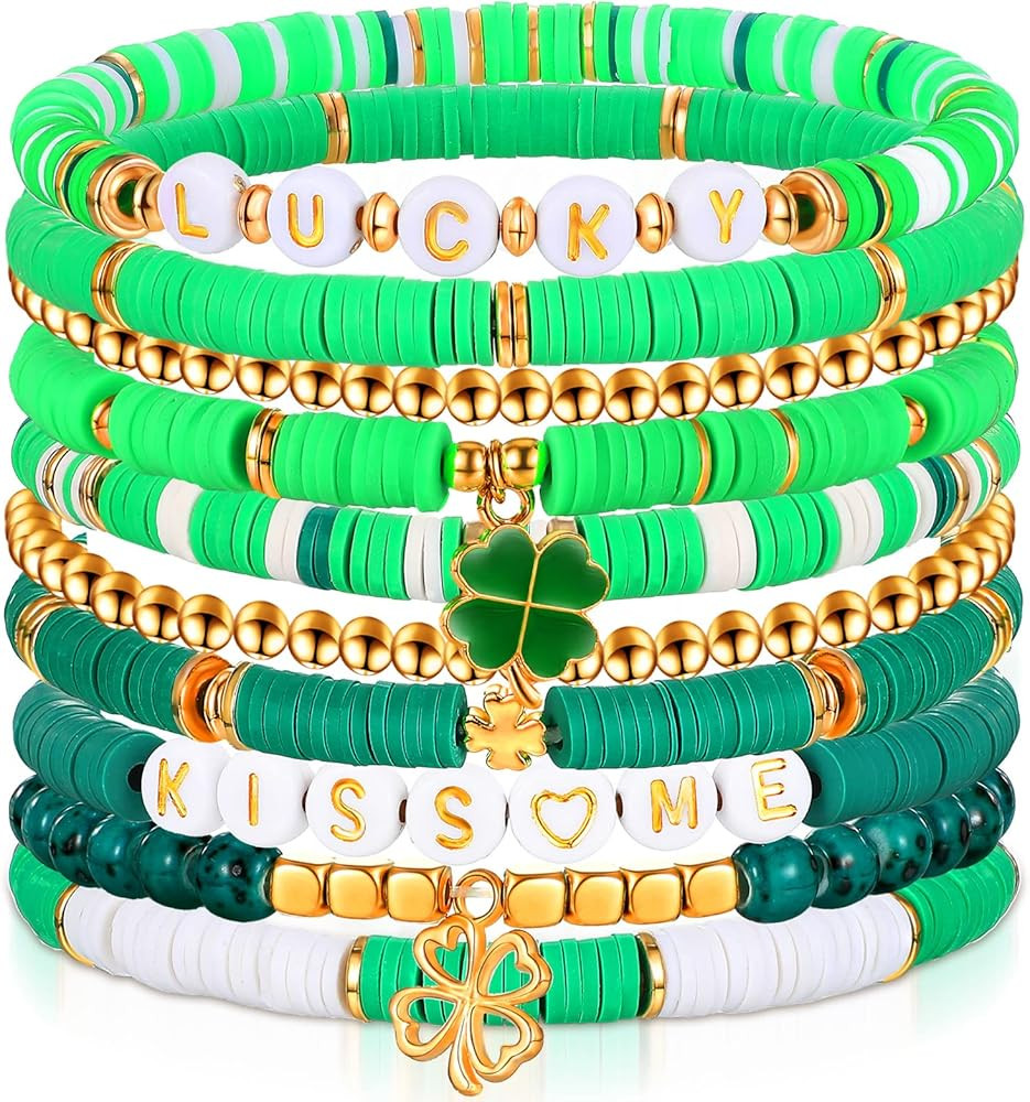 10 Pcs Holiday Bracelets Set Heishi Surfer Bracelet Polymer Clay Stretch Bracelet for Women Girls... | Amazon (US)